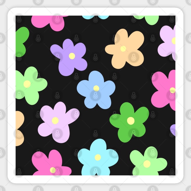 Colorful Pastel Cartoon Floral Print on a Black Backdrop, made by EndlessEmporium Sticker by EndlessEmporium